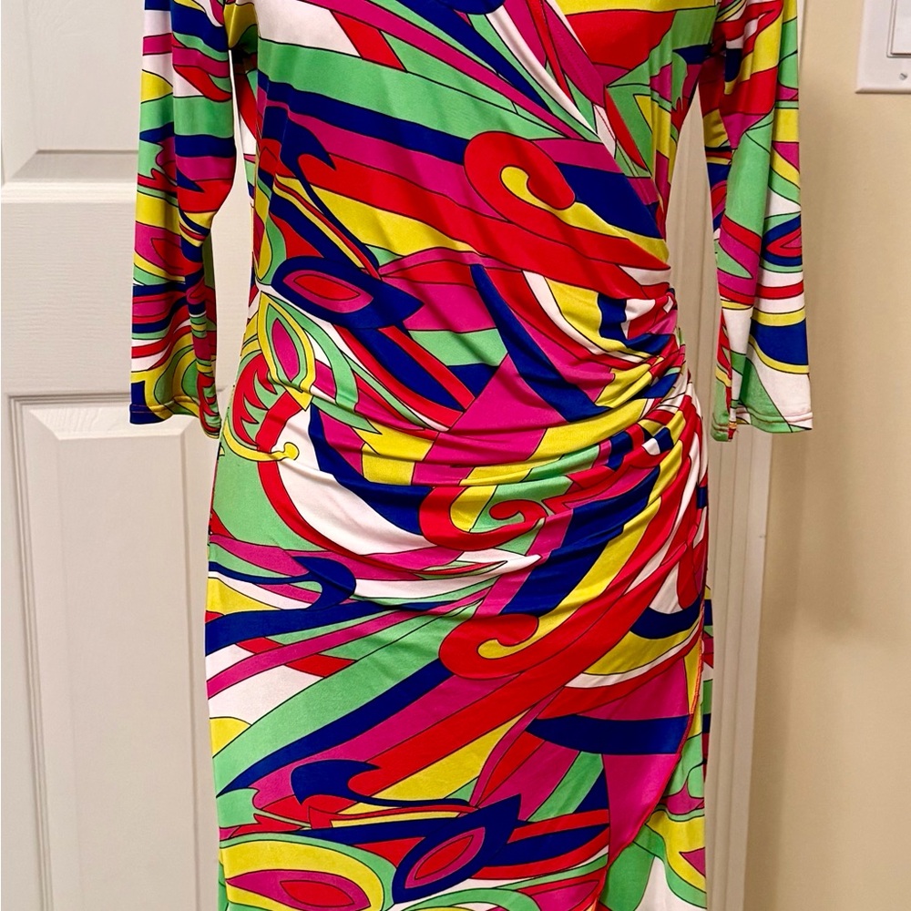 Colorful Abstract Print Long-Sleeve Wrap Dress